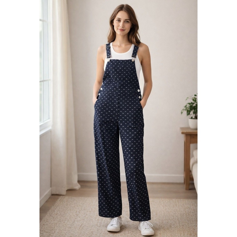 Rosie Posie Cottagecore Blue Denim Bow Print Overalls Jumpsuit Womens Large
